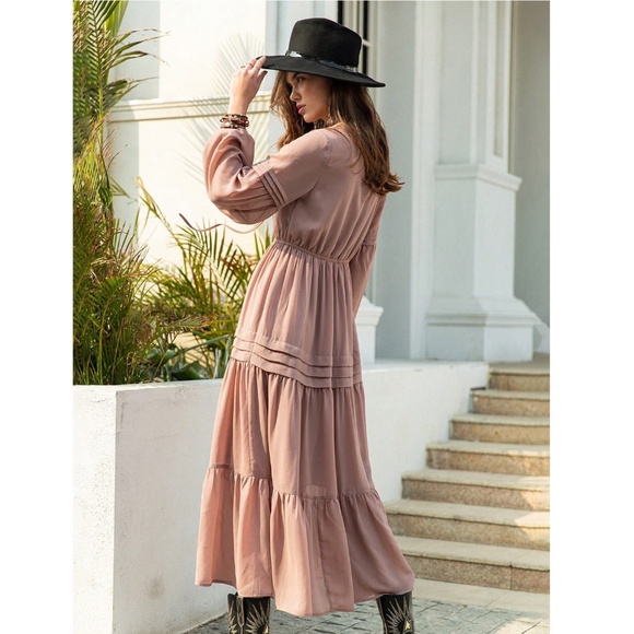 Pink Bohemian Maxi Dress Chiffon Neck Ties Long Sleeve Ruffle Hem Flowy - Picture 6 of 10
